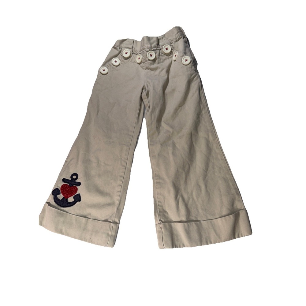 Gymboree Girls Size 3 Khaki Cotton Wide Leg Flare Cuff Pants Y2K Embroidered